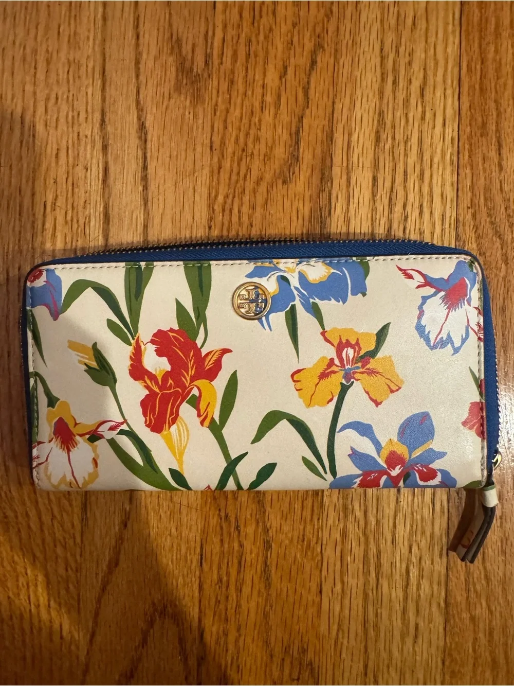 Tory Burch Cream Floral Zip-Around Wallet with Blue Trim